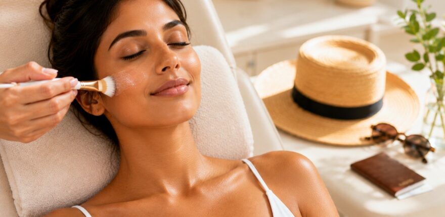 A Guide to Facials Before Holiday How to Get Your Skin Ready for Summer Travel A woman with radiant, glowing skin relaxing during a luxury facial treatment in a bright beauty spa. A skincare therapist gently applies a treatment mask to her cheek while summer travel accessories, including a straw hat, sunglasses, and passport, sit nearby in soft natural sunlight, creating a premium self-care and holiday-preparation atmosphere