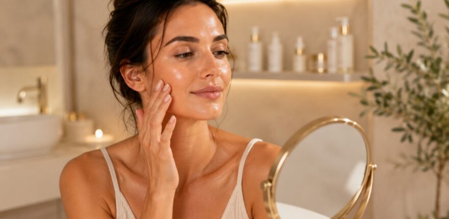 Woman with glowing summer skin after a professional facial treatment in Banstead