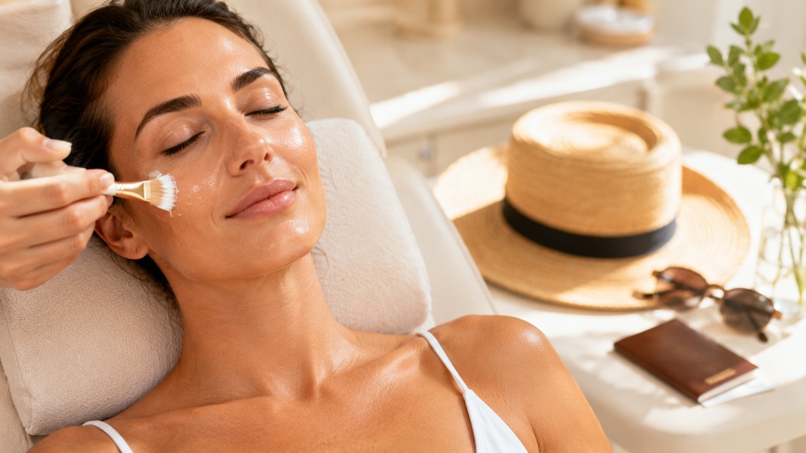 Woman with glowing skin after a facial before holiday at a beauty salon