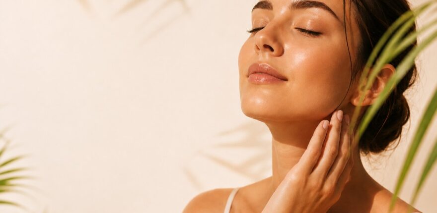 heatwave Woman with glowing hydrated skin during a summer heatwave skincare routine