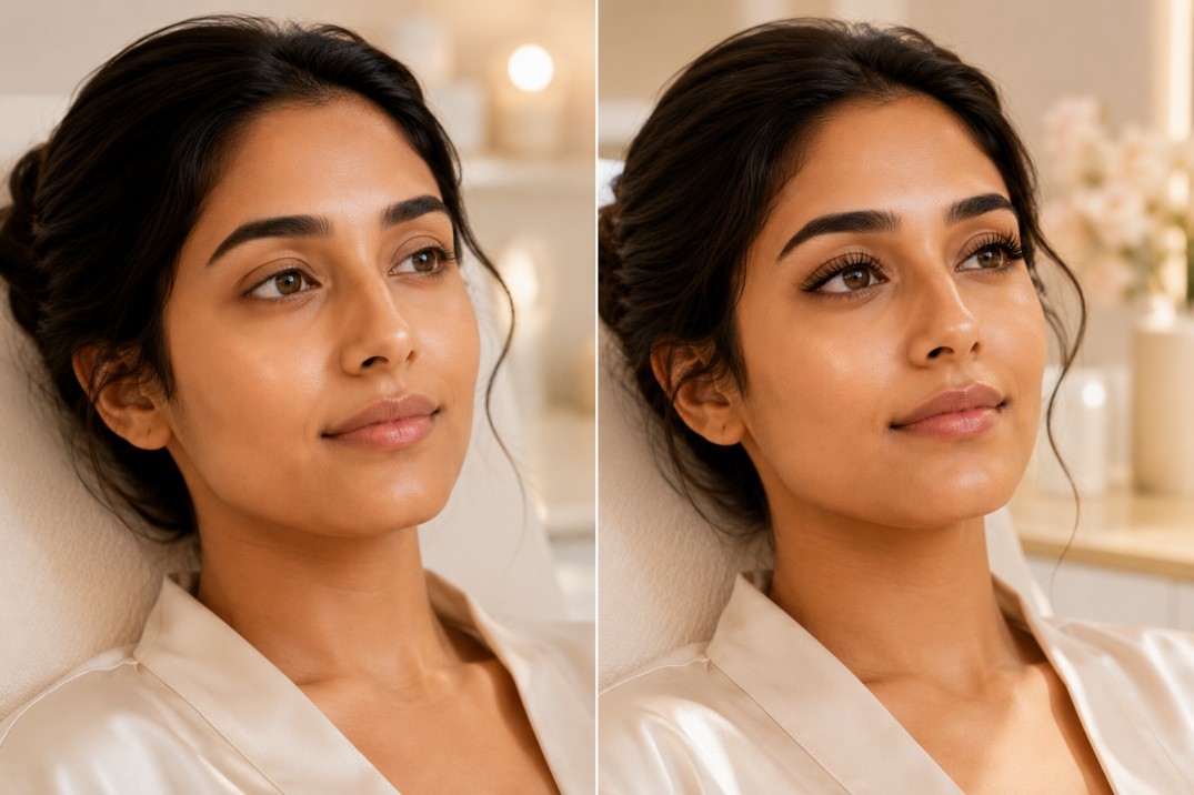 A side by side comparison between lash lift and lash extension