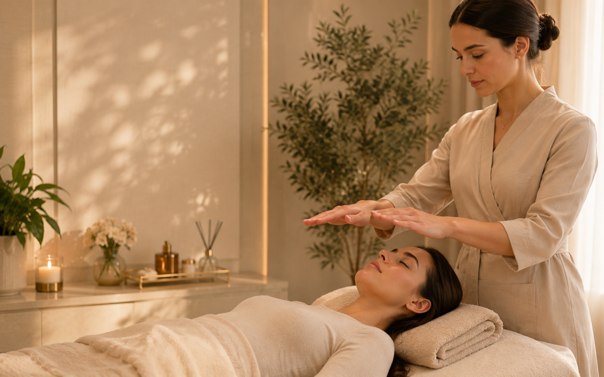 Professional Reiki therapy session at Si Belle Beauty in Banstead, with a qualified practitioner providing a calming wellness treatment in a luxury beauty salon.