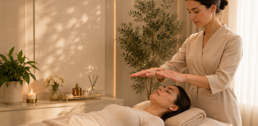 Reiki Professional Reiki therapy session at Si Belle Beauty in Banstead, with a qualified practitioner providing a calming wellness treatment in a luxury beauty salon.