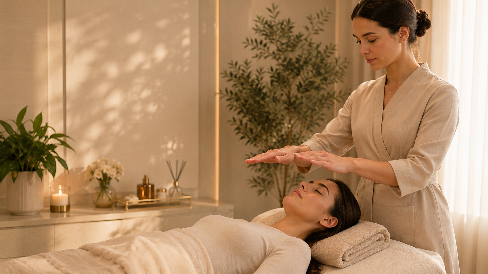 Professional Reiki therapy session at Si Belle Beauty in Banstead, with a qualified practitioner providing a calming wellness treatment in a luxury beauty salon.