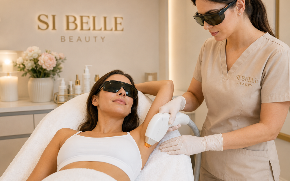 Professional permanent hair removal treatment at Si Belle Beauty in Banstead with a beauty therapist using advanced laser hair removal technology.