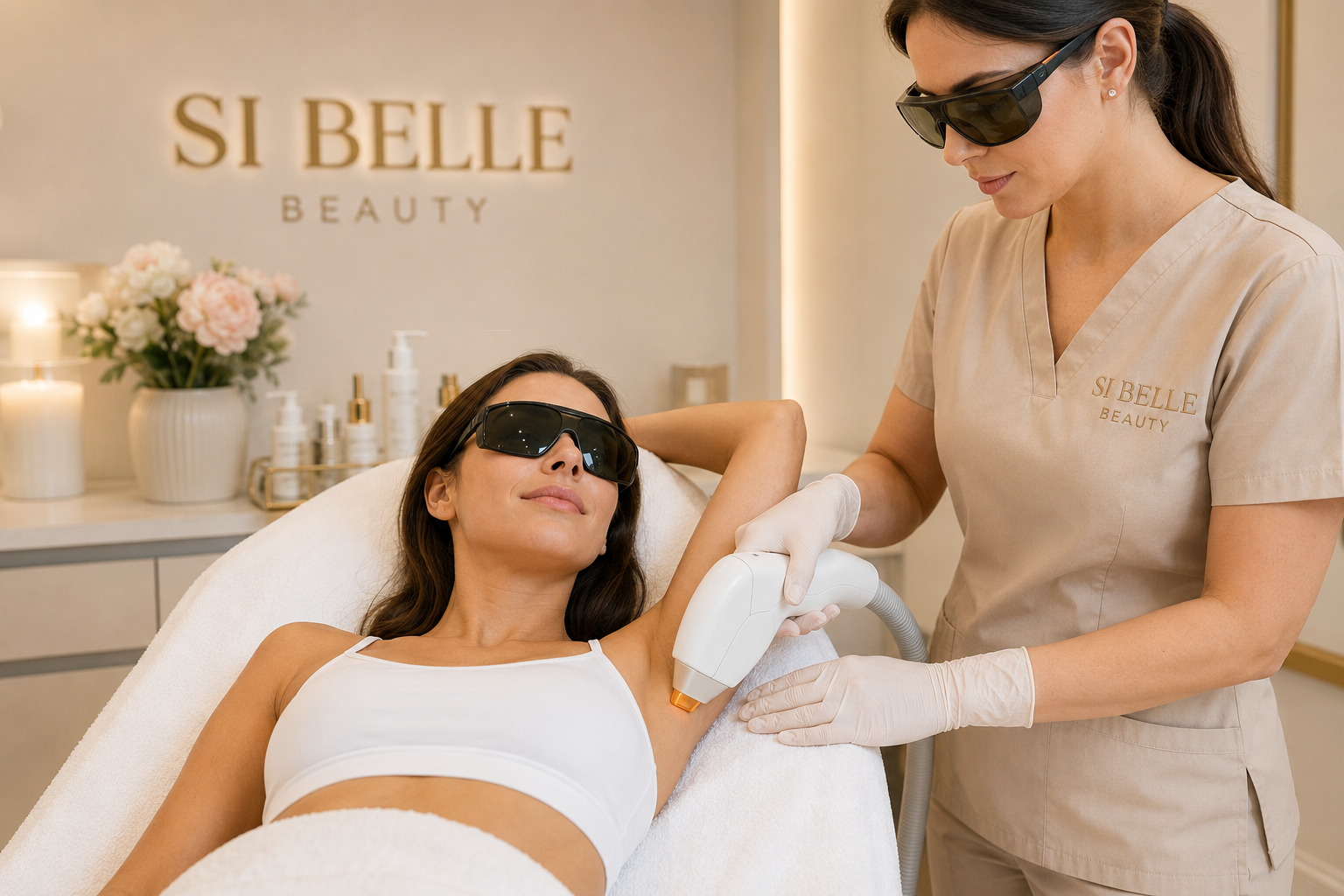 Professional permanent hair removal treatment at Si Belle Beauty in Banstead with a beauty therapist using advanced laser hair removal technology.