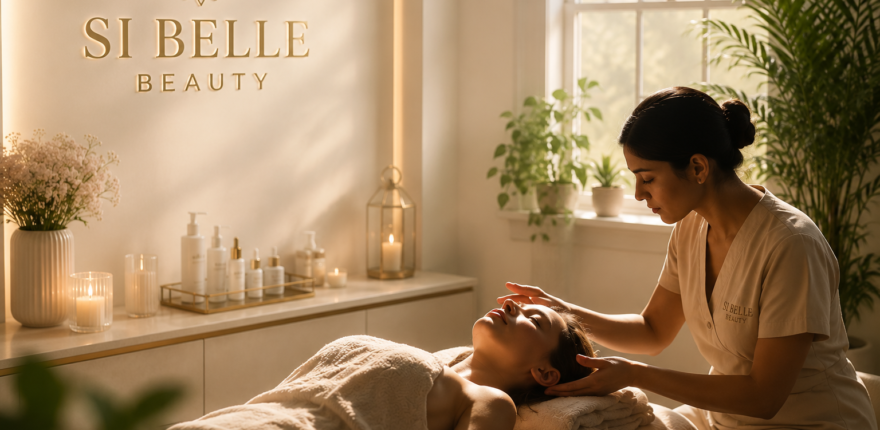 reiki (1) Reiki healing session at Si Belle Beauty in Banstead with a therapist providing a calming wellness treatment in a luxury spa environment.