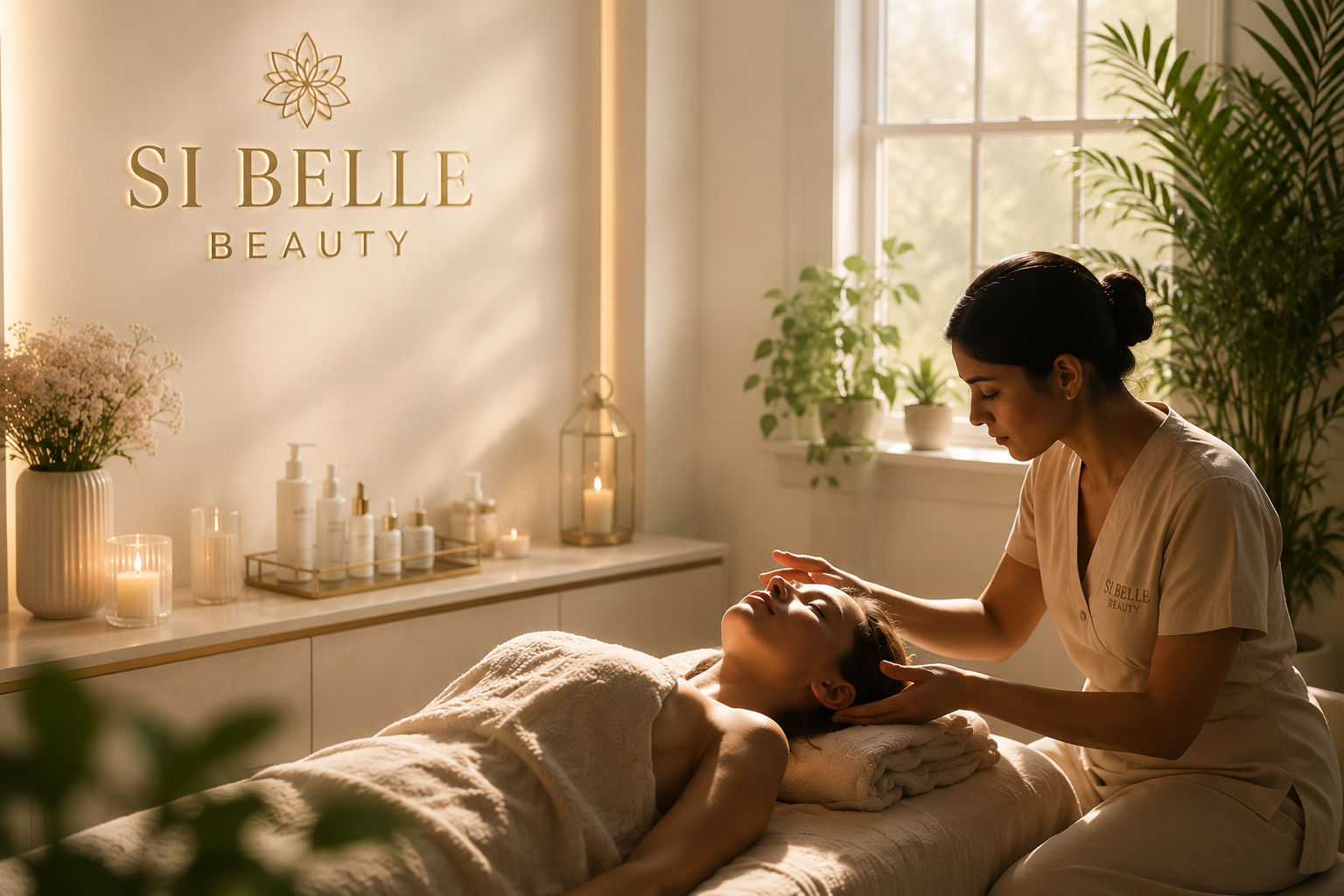 Reiki healing session at Si Belle Beauty in Banstead with a therapist providing a calming wellness treatment in a luxury spa environment.