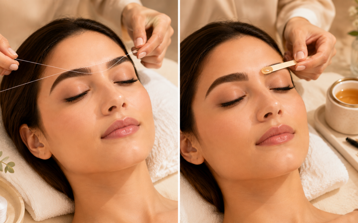 Eyebrow threading and waxing comparison at Si Belle Beauty, showing professional brow shaping techniques in a luxury salon setting.