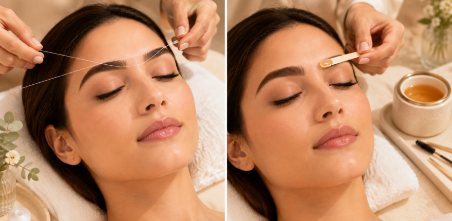 thread vs wax Eyebrow threading and waxing comparison at Si Belle Beauty, showing professional brow shaping techniques in a luxury salon setting.