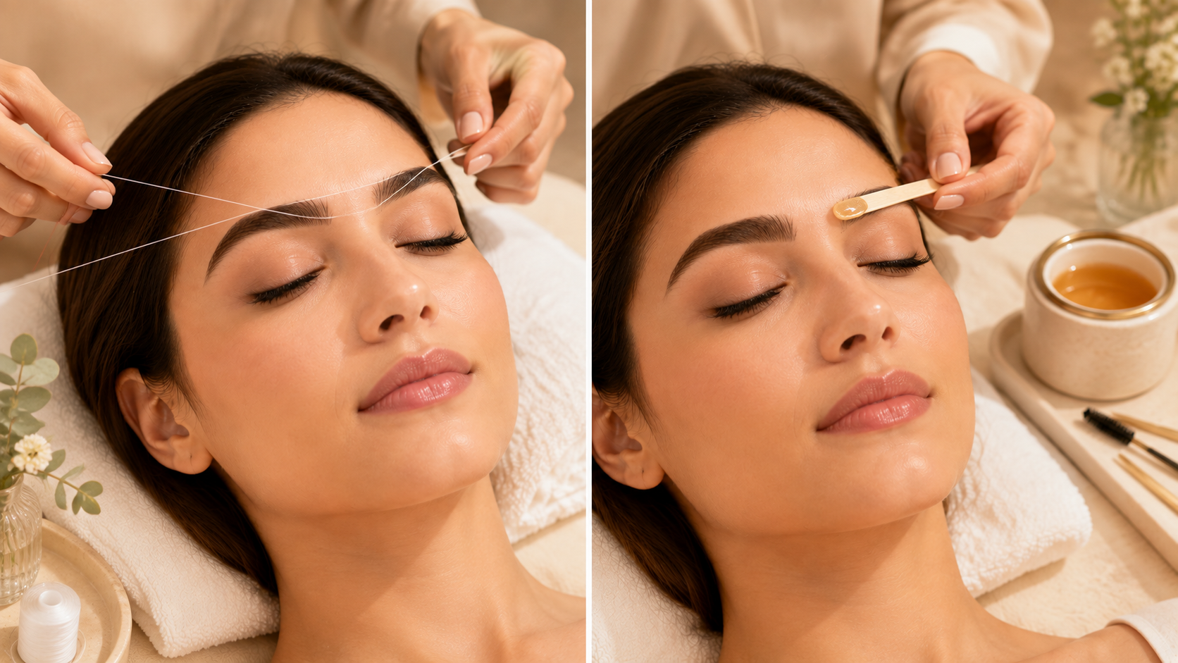 Eyebrow threading and waxing comparison at Si Belle Beauty, showing professional brow shaping techniques in a luxury salon setting.